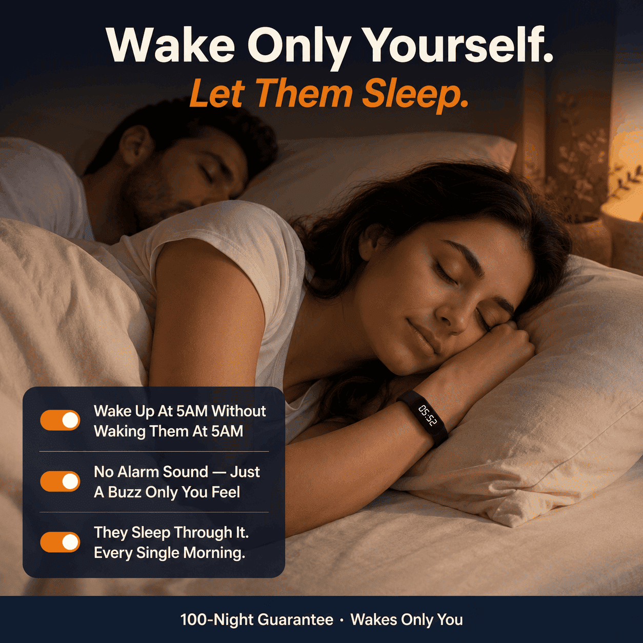 Couple asleep in bed — Silent Wake wakes only you, never the person beside you