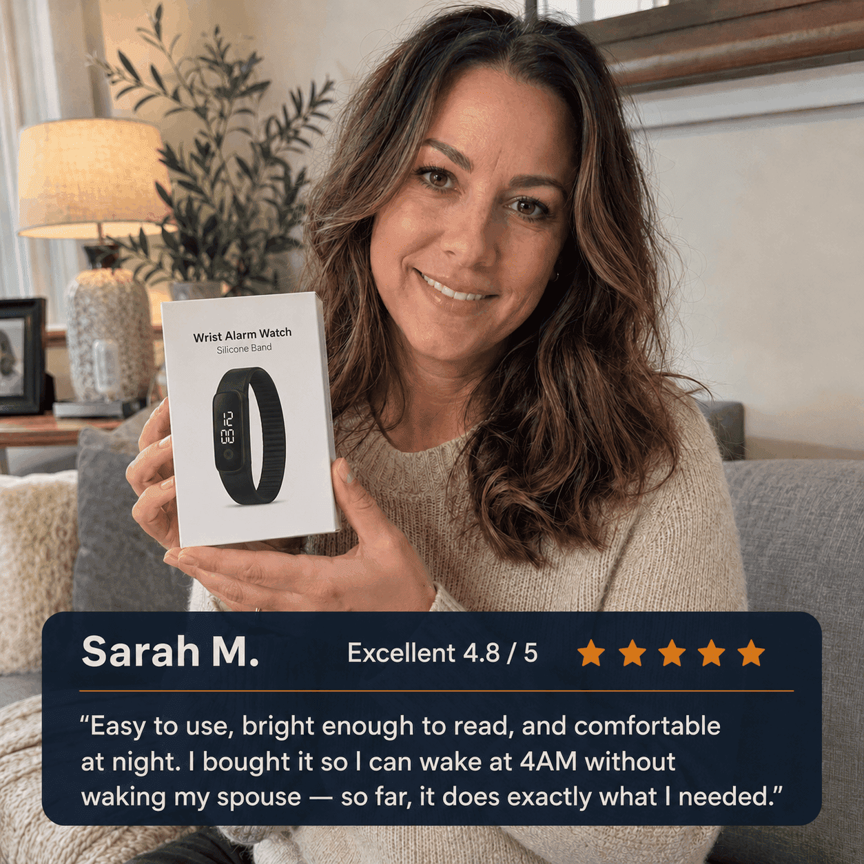 Customer holding Silent Wake — five-star review of the silent vibration alarm