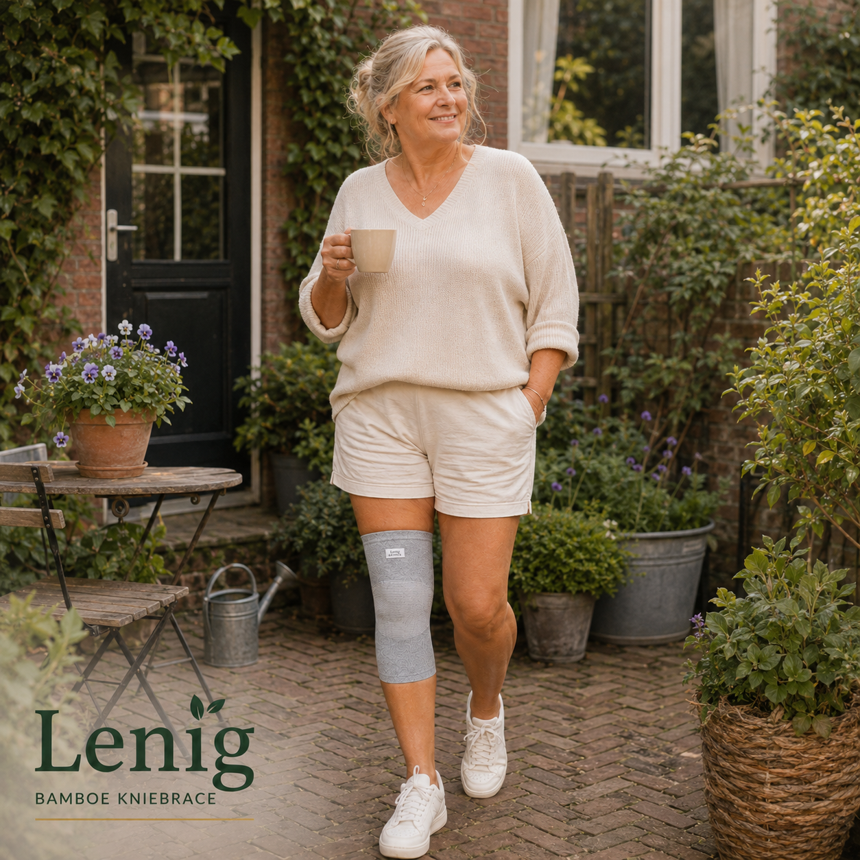 Vrouw met de Lenig kniebrace in de tuin