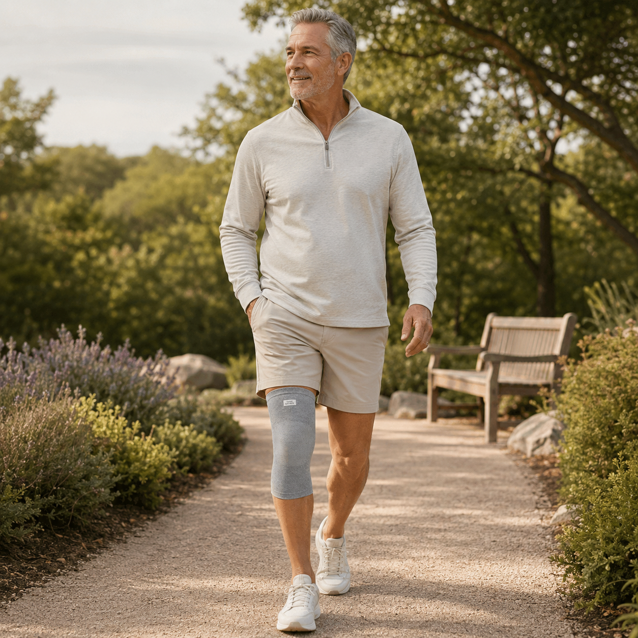 Mature man walking outdoors in the Lenig grey bamboo knee sleeve