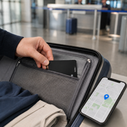 Black tracking card in a suitcase pocket beside a smartphone location map